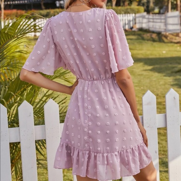Lilac Swiss Dot Ruffle Hem V Neck Dress - Picture 2 of 7